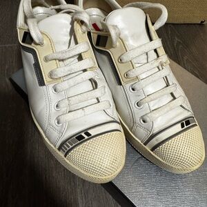 Prada White Leather Low-Top Sneakers with Black Trim